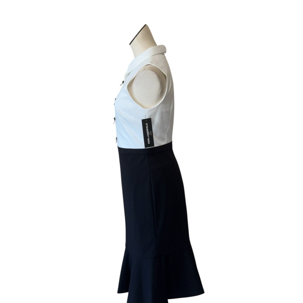 Karl Lagerfield  Scuba Crepe Colorblock Sheath Dress with Bows and Flounce Hem - Picture 3 of 6